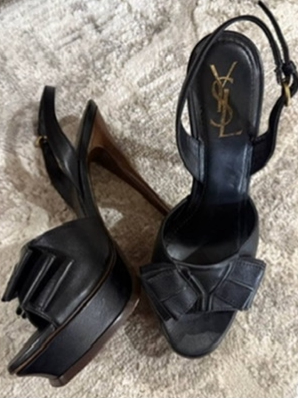 Yves Saint Laurent Black Leather Bow Slingback Platform Heels
